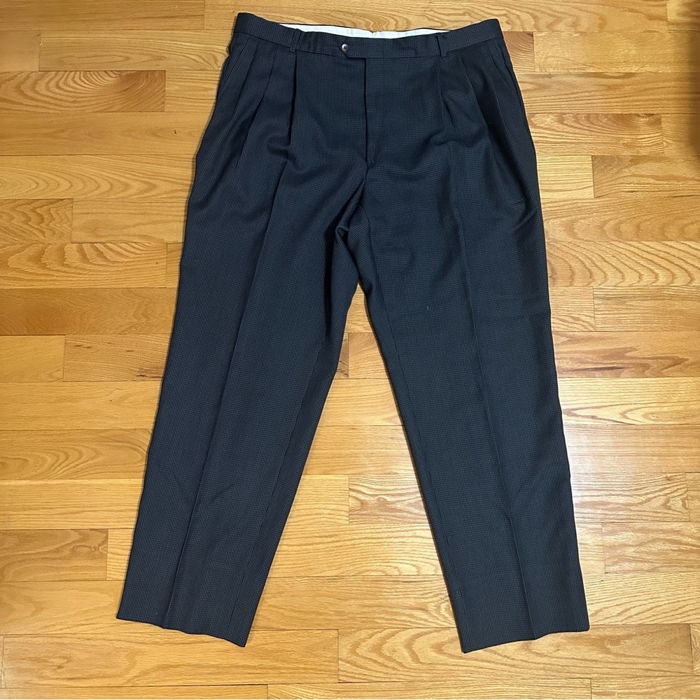 Vintage Pleated Black Grey Houndstooth Wool Blend Men Dress Pants Tip Top Tailor
